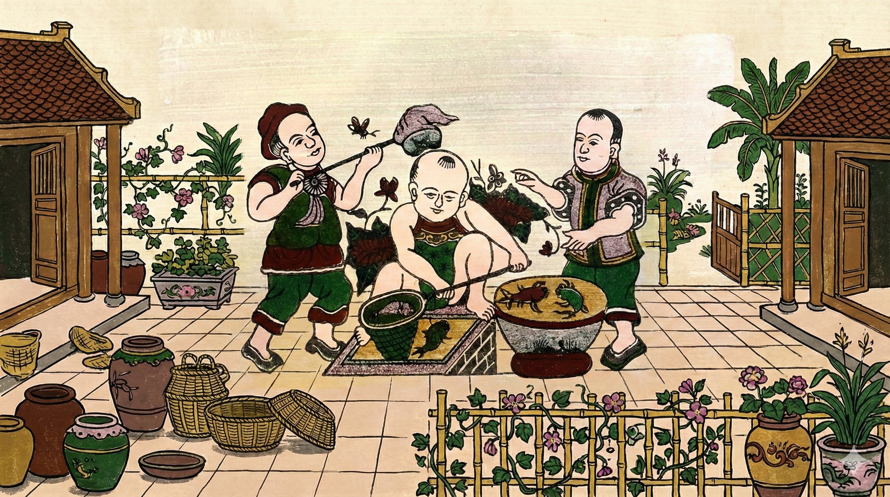 The fish-basin print extended into a tiled courtyard with jars, baskets and a bamboo fence