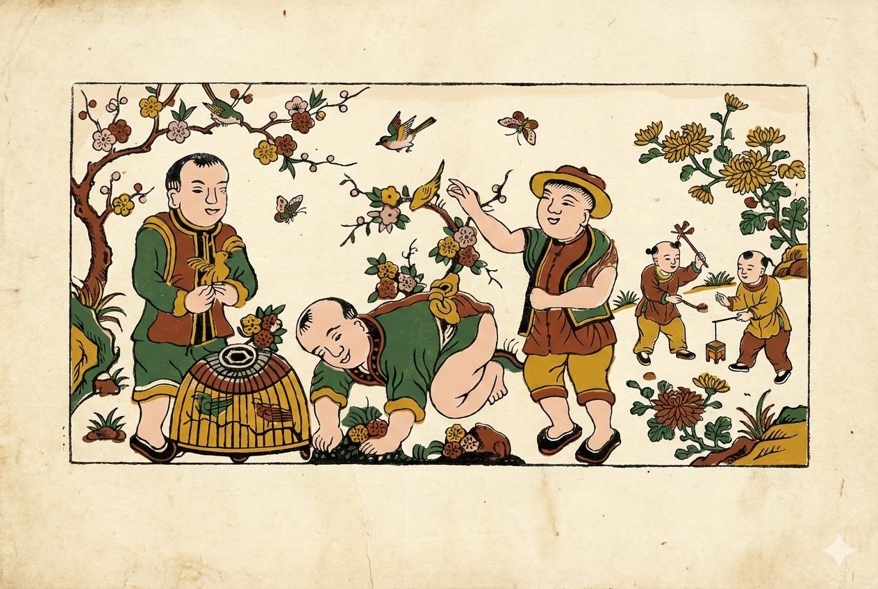 The birdcage print extended to the sides with more blossom, birds and two more children