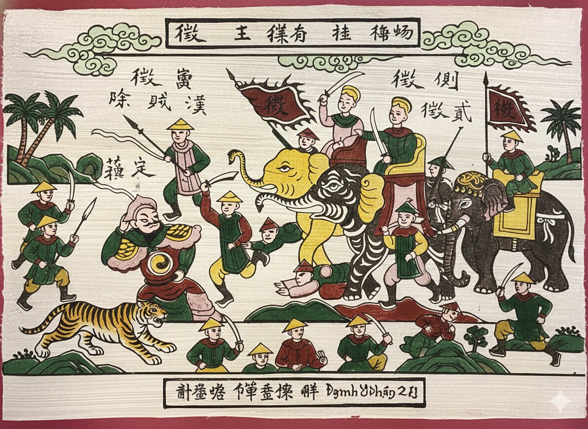 The Trưng sisters print extended with more soldiers, a tiger, palm trees and a title banner
