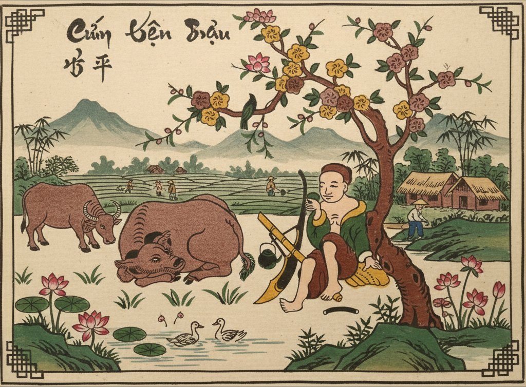 The herd boy print extended with a second buffalo, a lotus pond and distant fields