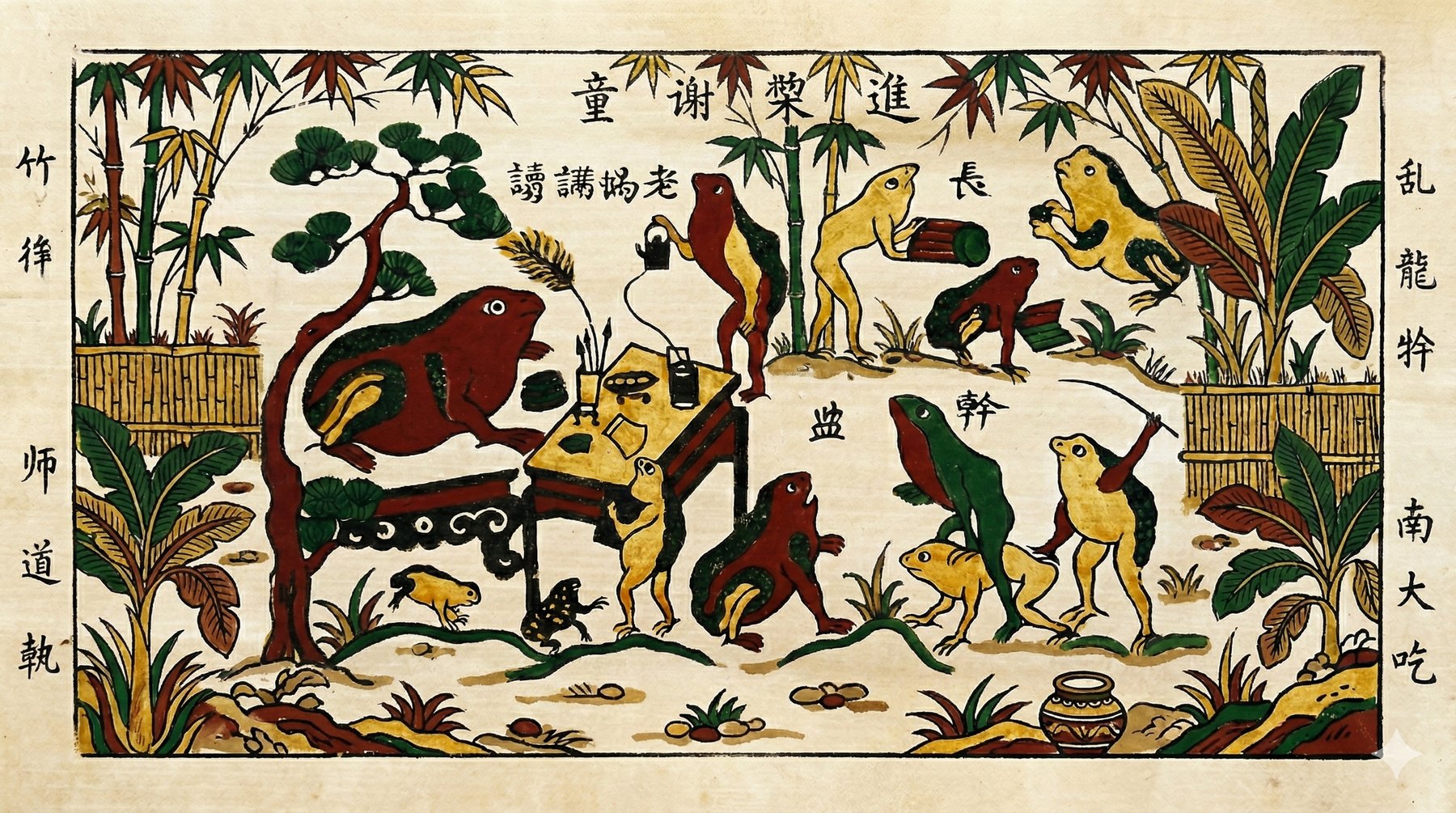 The same print extended on all sides with bamboo, banana plants and fences in the same woodblock style