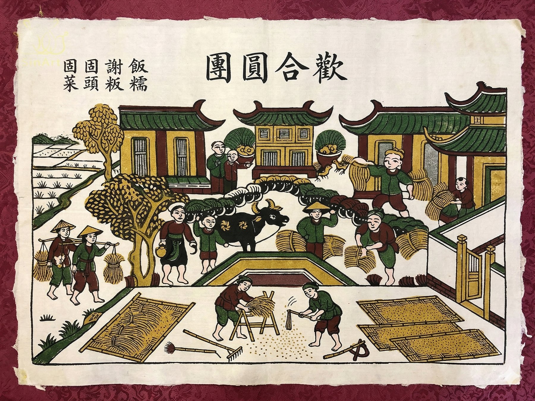 The harvest print extended downward with threshing and rice drying on mats