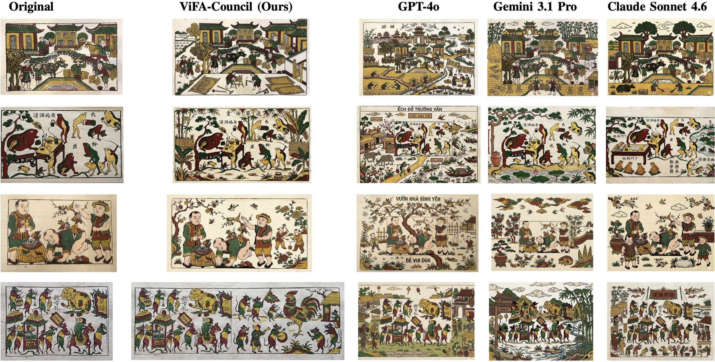 Four source paintings, each shown beside the ViFA-Council outpainting and the outpaintings from GPT-4o, Gemini 3.1 Pro and Claude Sonnet 4.6