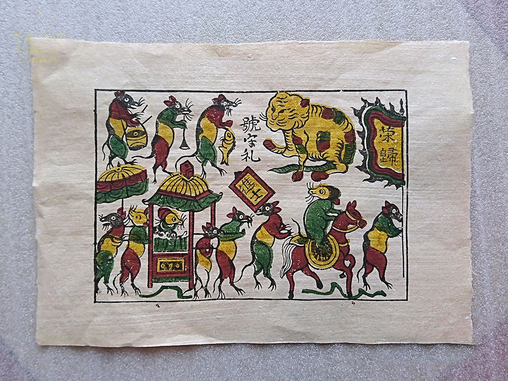 Đông Hồ print of a wedding procession of mice offering gifts to a cat