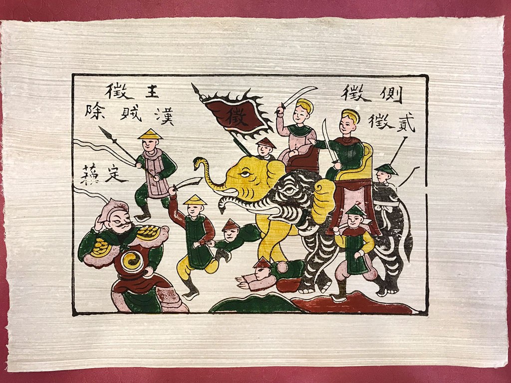 Đông Hồ print of the Trưng sisters riding elephants into battle