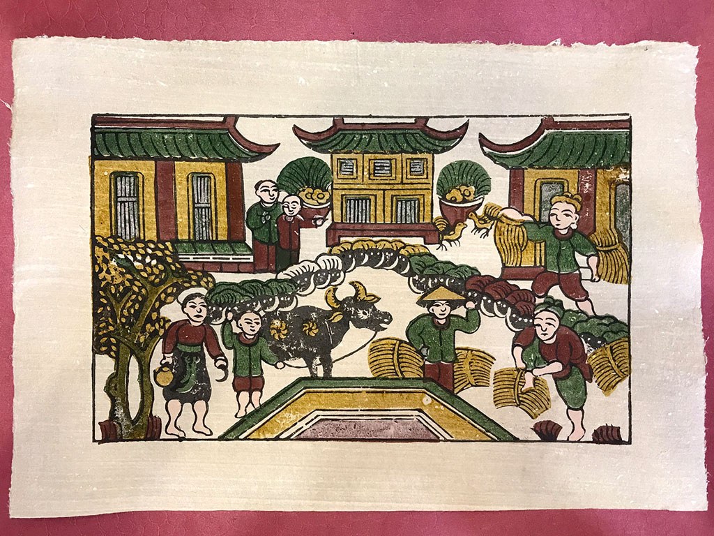 Đông Hồ print of farmers bringing in the rice harvest in a walled courtyard
