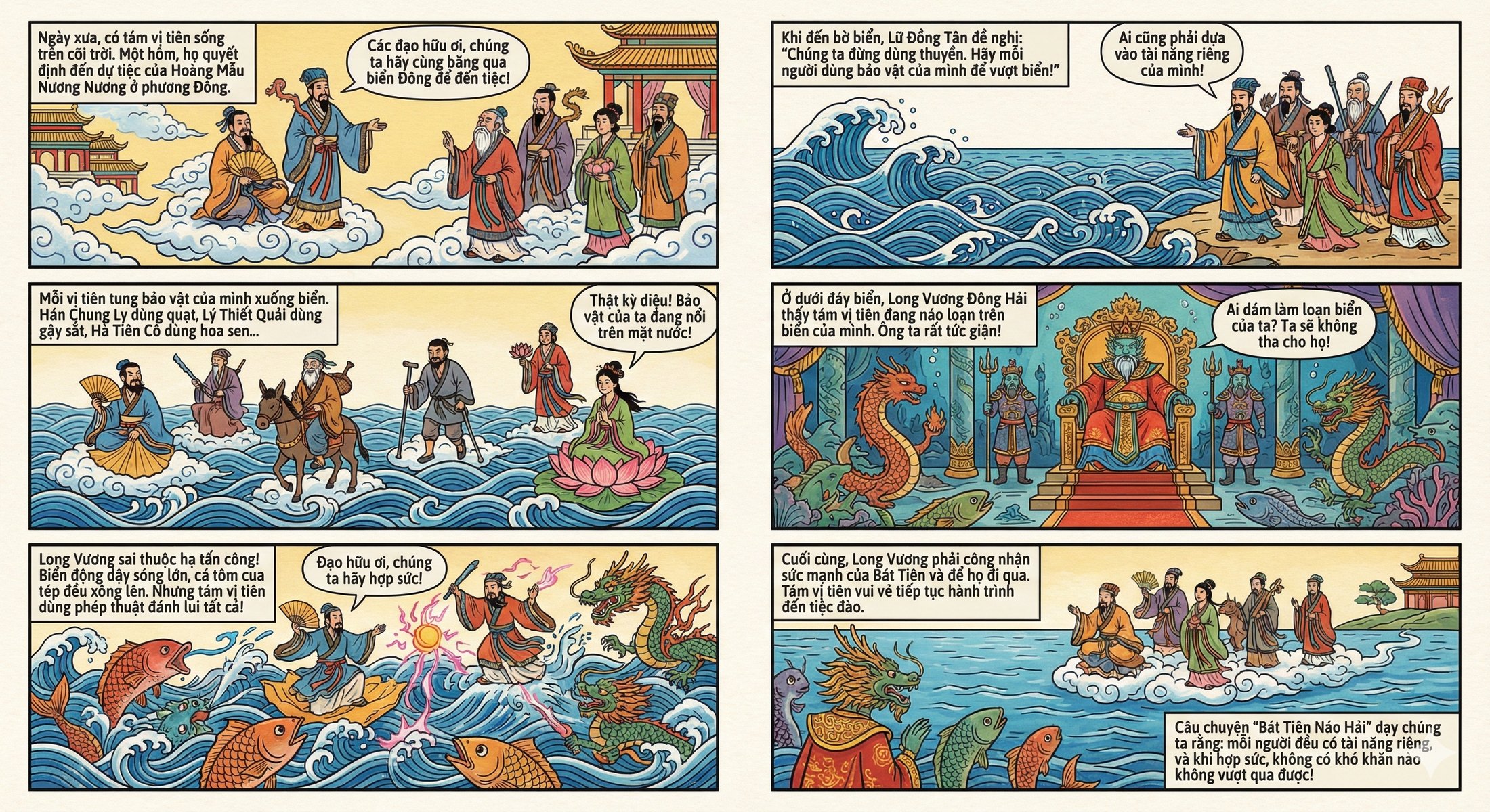 Six-panel comic about the Eight Immortals crossing the sea and facing the Dragon King