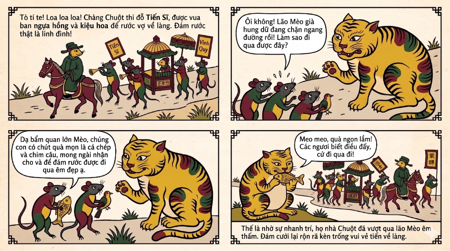 Four-panel comic about a wedding procession of mice that offers a carp and a bird to a cat to pass