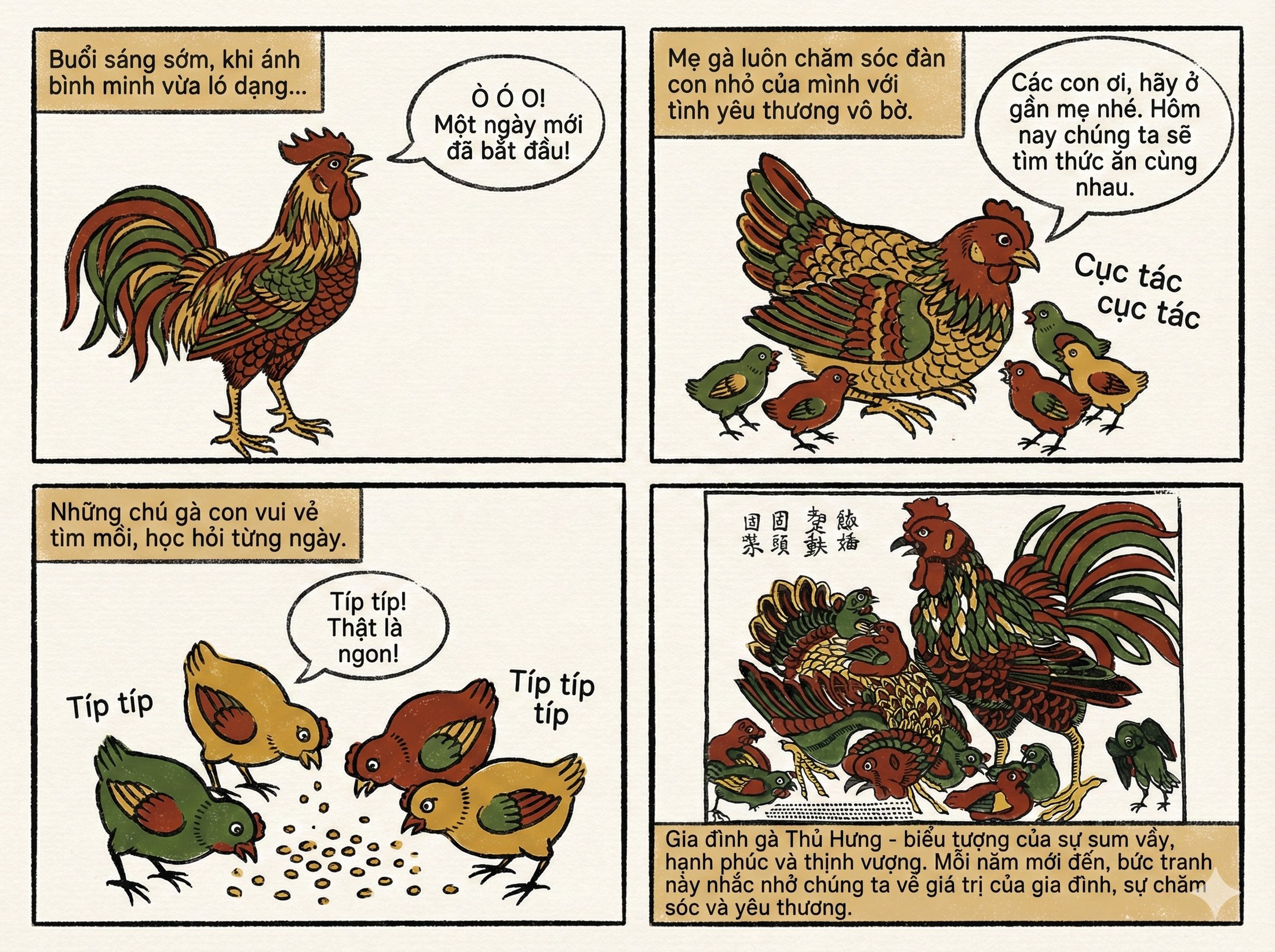 Four-panel comic about a rooster, a hen and their chicks