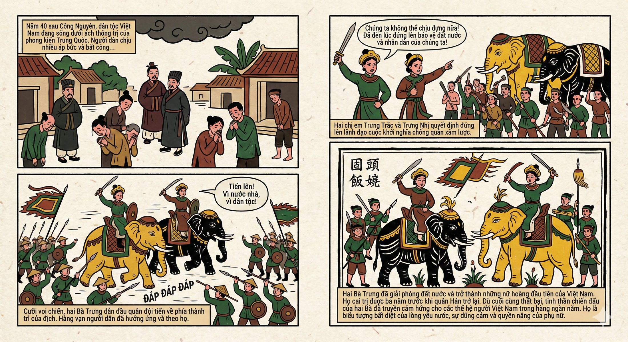 Four-panel comic about the Trưng sisters leading an uprising on elephants