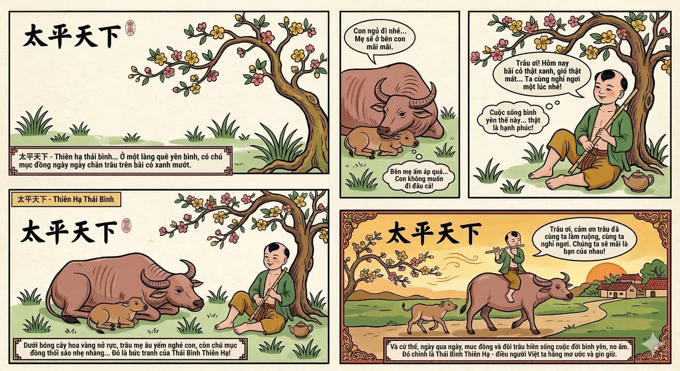 Comic about a herd boy resting with a buffalo and her calf under a blossoming tree