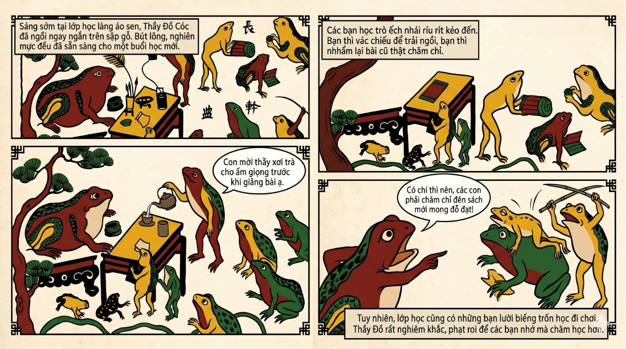 A four-panel Vietnamese comic about the toad teacher and his frog pupils, drawn in the style of the print